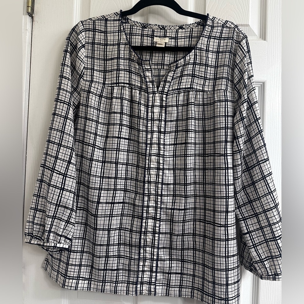 J. Crew Blue and White Boxy Blouse with Mandarin Collar